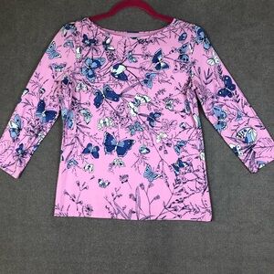 Talbots Tee Butterfly Print preppy 3/4 Sleeve Stretch Knit T-Shirt size SP